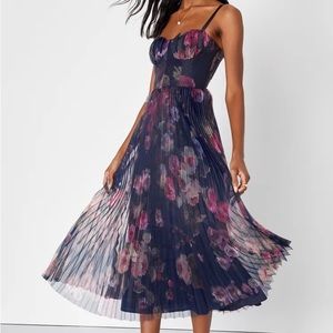 Navy Blue Floral Mid Length Pleated Dress